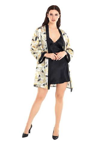 Aria's Closet Özel Tasarım Saten Emprime Baskılı İkili Kısa Sabahlık Siyah Gecelik Takımı Görsel