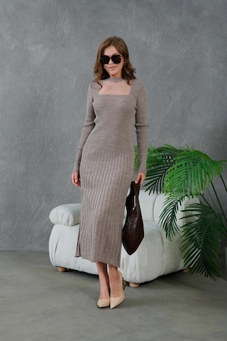 Kadın Bisiklet Yaka Tül Detay Maksi Boy Fitilli Triko Elbise Vizon