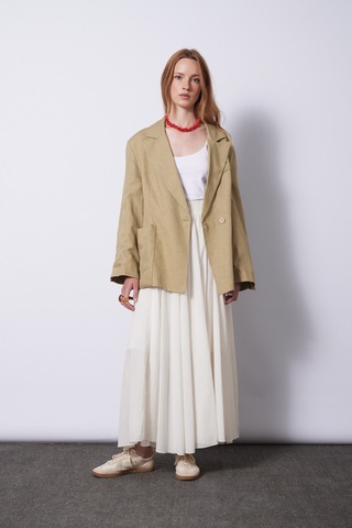 Keten Karışımlı Kuşaklı Blazer Ceket Açık Yeşil