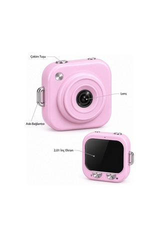Type C Şarjlı Pembe Mini Fotoğraf Makinesi Taşıma Askılı Dijital Kamera Çok Renkli