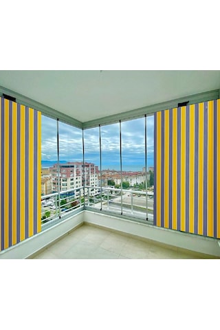 Ceylan Home Balkon Perdesi Kuş Gözü Ölçü Seçenekli Sarı Gri Çizgili Gri