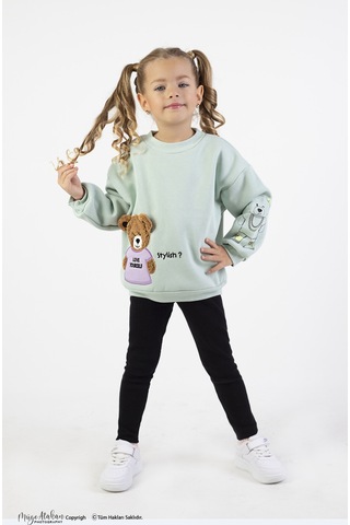 Kız Çocuk Orta Kalınlıkta Baskılı Örme Basic Taytlı Alt Üst Takımı Yeşil