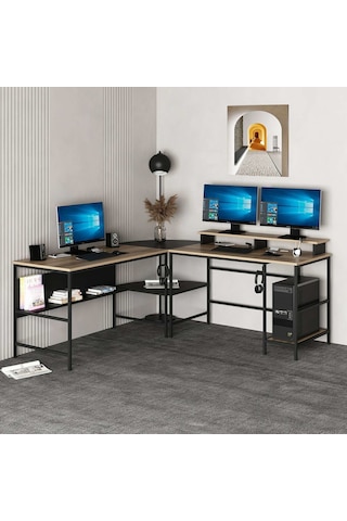 Minar Greta Rgb Led Işıklı L Köşe Çalışma Masası Dore Siyah