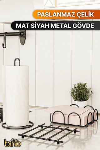Bino Servis Sunum Seti Havluluk Peçetelik Nihale Paslanmaz Çelik Mat Siyah Metal 3 Lü Mutfak Seti