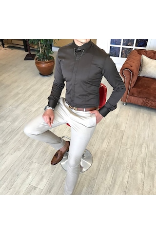 Italyan Kesim Slim Fit Erkek Saten Zincirli Gömlek Kahverengi T48