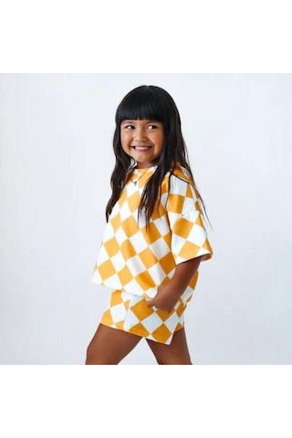 Lolliboomkids Kız Çocuk Oversize Ekose - Dama Desenli Tişört Ve Şort 2li Takım 2-7 Yaş Yazlık Takım Sarı Renk Sarı