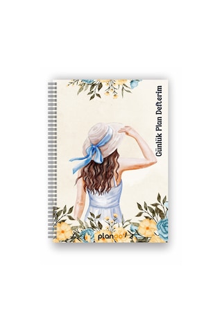 Şapkalı Kadın Spiralli Günlük Planlama Defteri - 100 Sayfa - 17x24 Planlayıcı Defter Beyaz - Mor