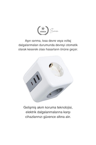 Premium 3'lü Duvar Çocuk Ve Akım Korumalı Isıya Dayanıklı Çoklu Küp Priz Usb Type-c Girişli Topraklı Diğer