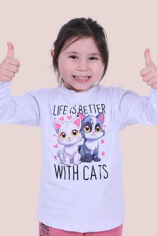 Life Is Better With Cats Baskılı Kız Çocuk Uzun Kol Beyaz Sweatshirt Beyaz