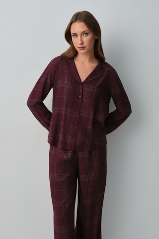Suwen Mariana Gömlek Yaka Pijama Takımı Wsh105101181560 Mürdüm Ekoseli