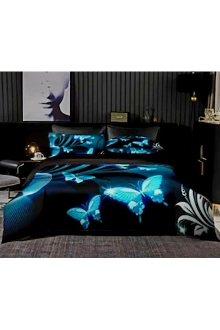 Özel Tasarım Marka 240x260 Cm 5d Çift Kişilik Nevresim Takımı Pamuk Saten Neon Kelebek Siyah Mavi Neon Mavi