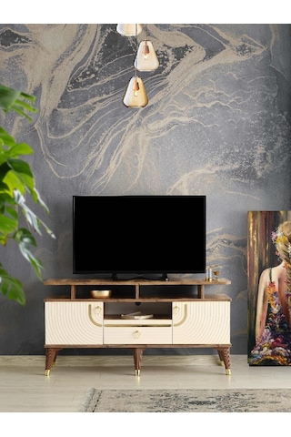 110 CM ART RAFLI MDF MEBRAN KAPAK TV SEHPASI PASİFİK CEVİZ - GOLD