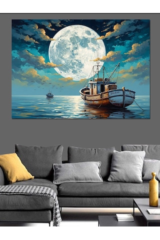 Ahşap Tablo Gece Denizde Ay Ve Tekne İnsan Figürlü Tablolar