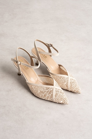 Dabab Shoes Laceva Kadın Bej Dantel Detaylı Sivri Burun 6 Cm Topuklu Slingback Ayakkabı
