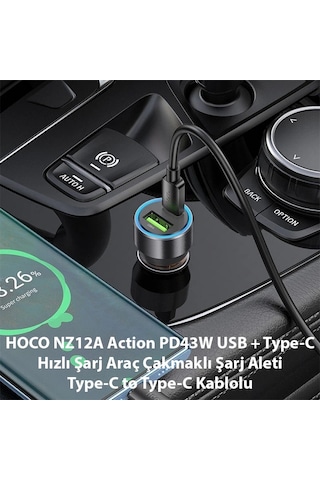 Hoco Nz12a Action Pd43w Usb + Type-c Araç Çakmaklık Hızlı Şarj Aleti + Type-c To Type-c Kablo- 5775 Renk: Siyah