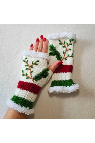 Newdaycraft El Örgüsü Motifli Parmaksız Eldiven / Bileklik - Çam / Yılbaşı Beyaz - Yeşil