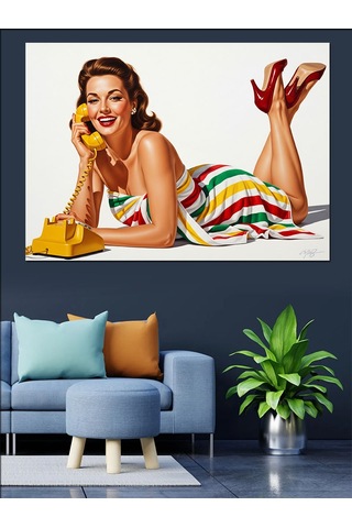 Vintage Pin-up Telefonla Konuşan Kadın Dekoratif Kanvas - Mdf Ahşap Tablo