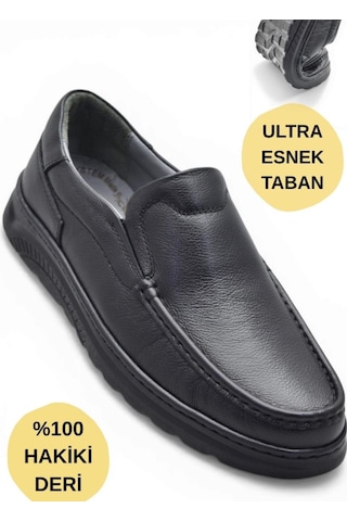Ispartalılar 2107 Tam Ortopedik Taban %100 Hakiki Deri Erkek Ayakkabı Bağcıksız Yazlık Erkek Ayakkabı Siyah