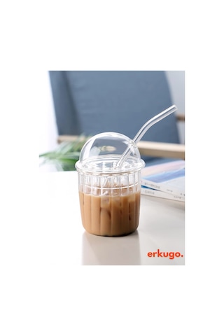 Cam Kapaklı Pipetli Borosilikat Sunum Bardağı, Isıya Dayanıklı Bardak, Kahve Bardağı 550 Ml Icemocha