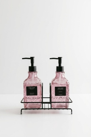 Makri Home Modern Kabartma Desenli Cam İkili Sıvı Sabunluk & Deterjanlık Seti, Pembe- 500 Ml Cam Sabunluk Pembe