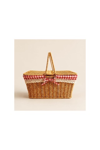 Kırmızı Ekoseli Piknik Sepeti, 39x27x18 Cm Boyutlarında Taşıma İçin Uygun Açık kahverengi