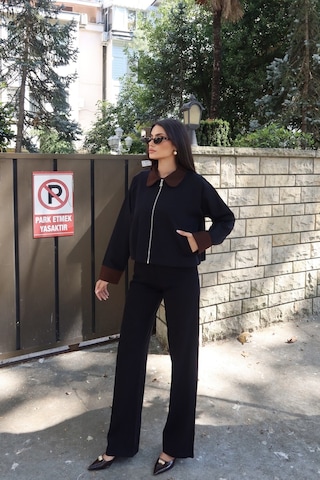 Kechi Woman Gabardin Kumaş Fermuarlı Yaka Garnili Ceket Siyah