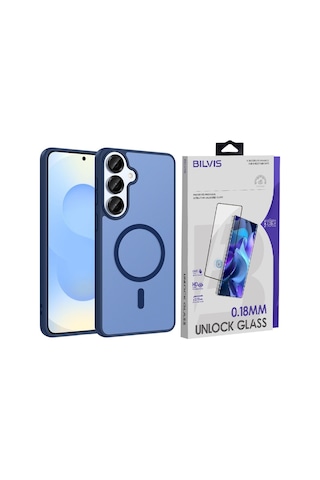 Vendas Samsung Galaxy S26 Kılıf M-safe Şarj Özellikli Zore Babet Kapak + Bilvis Cam Ekran Koruyucu Mavi