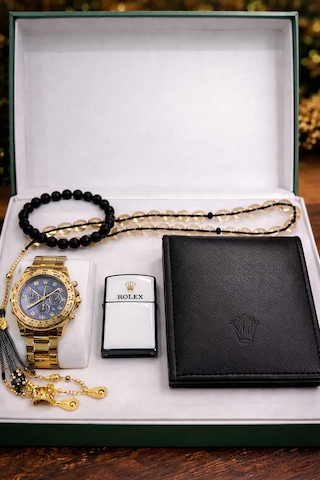 Elifin Işığı Gold Premium Erkek Saat & Aksesuar Hediye Seti Mavi Kadran Özel Seri Altın
