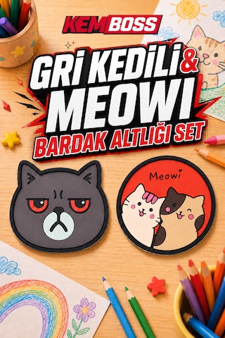 Kemboss Gri Kedi Ve Meowi Kedi Bardak Altlığı Seti 4'lü - Pvc Kaydırmaz Bardak Altlığı 2 Gri Kedi + 2 Meowi Kedi Çok Renkli