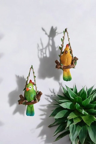 2 Adet Dekoratif Sallanan Duvar Ve Bahçe Süsü Papağan Sarı-yeşil