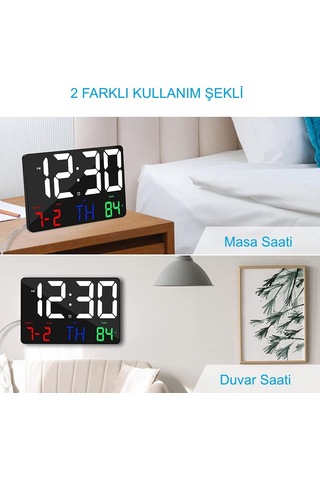 Dijital Duvar Saati Renkli Hd Led Ekran 25x16 Cm Tarih Gün Sıcaklık Alarm Usb Dekoratif Çok Renkli