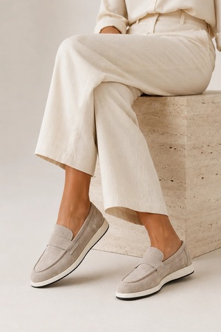 Sovenso Sunny Hakiki Deri Bej Süet Termo Taban Loafer