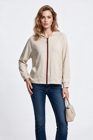 On Kadın Kapüşonlu Tam Fermuarlı Reglan Kol Cepli Sweatshirt Taş