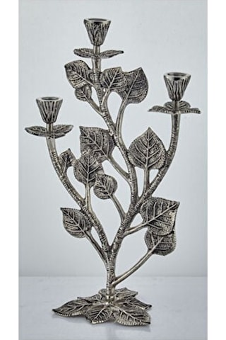 Leaf 3 Lıghts Candle Holder Nıckel Antıque 25,5x15,5x43 Cm Gümüş