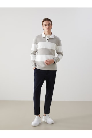 Lcw Vision Ekru Polo Yaka Uzun Kollu Çizgili Erkek Sweatshirt