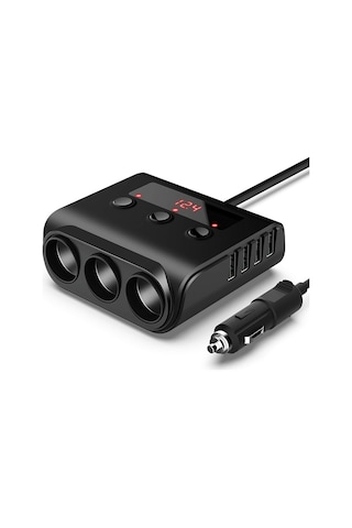 Yunboo Araç Şarj Adaptörü 3 Çıkışlı 4 Usb 100w, Voltaj Göstergeli, Açma-kapama Anahtarlı, Çoklu Koruma, Siyah