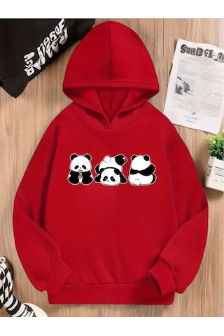 Uyguntarz Unisex Yaramaz Pandalar Baskılı Oversize Sweatshirt Kırmızı