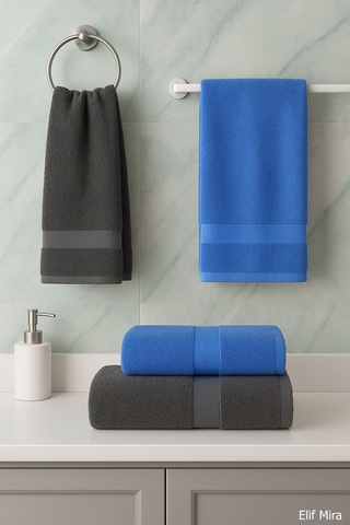 4 Lü Banyo Havlusu Seti %100 Pamuklu 70x140 Cm Pleasure Antrasit-Mavi