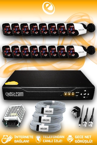 Elitcam 16 Kameralı Panda 16 Dış Kamera Set HDD'siz Full HD Gece Görüşlü Güvenlik Kamerası Sistemi
