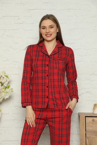 Farya Home Dreamy Ekoseli Pamuklu Biyeli Uzun Kollu Gömlek Pijama Takımı Kırmızı Ekose Kırmızı