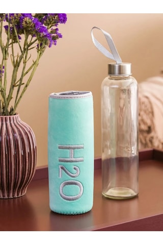 H2o Peluş Kılıflı Cam Matara 600 Ml Turkuaz