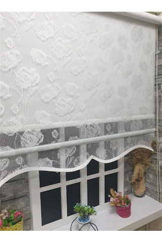 Çift Mekanizmalı Kirli Beyaz Tül Perde Ve Ekru Stor Perde Stb1093 Beyaz