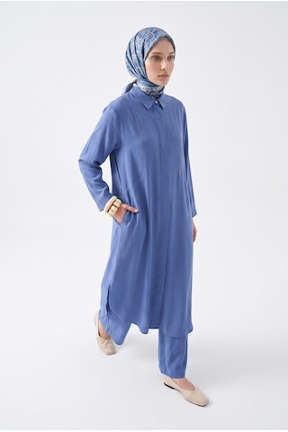 Armine Trend Gizli Patlı Düğmeli Uzun Tunik Pantolonlu İkili Takım İndigo 26yt6137