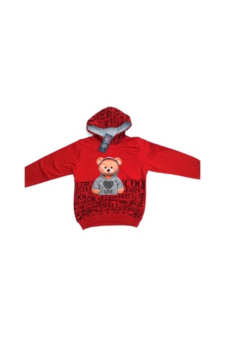DİJİTAL AYICIK ve YAZI BASKILI 2 İPLİK KAPŞONLU KIZ SWEATSHIRT Kırmızı