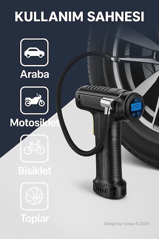 Şarjlı Dijital Hava Kompresörü 150 Psı Lcd Ekran, Led Işık, Type-c, 3600 Mah Araba Lastik