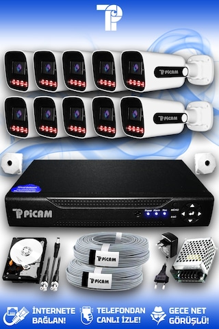 Picam 10 Kameralı Zebra 10 Dış Kamera Set 100 Gb 5 Mp 2k Net Gece Görüşlü Güvenlik Kamerası Sistemi