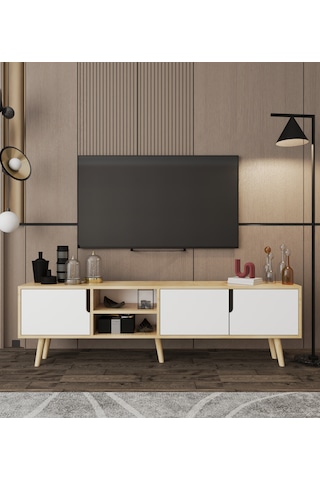 Latina Ahşap Ayaklı Tv Ünitesi Tv Sehpası 180 Cm Safir Meşe - Beyaz Safir - Beyaz
