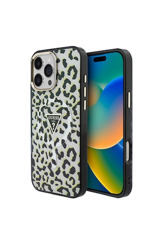 Apple Uyumlu iPhone 16 Pro Max Kılıf Guess Lisanslı M-safeli Üçgen Logolu Simli Leopar Desenli Kapak Siyah