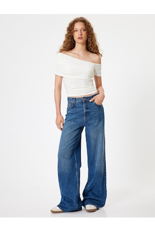 Koton Kayık Yaka Tişört Drape Detaylı Slim Fit Kısa Kollu Ekru 4sal11078ık Ekru