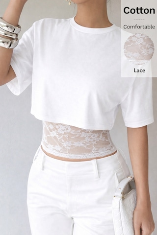 Meren Like Your Style Beyaz Crop Tişört Kadın Dantel Detaylı Yuvarlak Yaka Şık Üst Bluz Beyaz